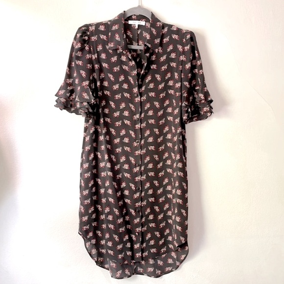 FRAME Silk Floral Print Button Front Ruffle Sleeve Shirtdress in Noir Multi - Picture 3 of 10